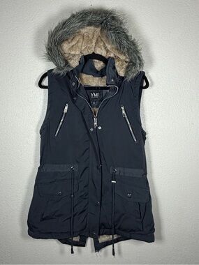 Women’s Gray Faux Fur Lined Hooded Utility Vest Large Lined Detachable Hood Y2K